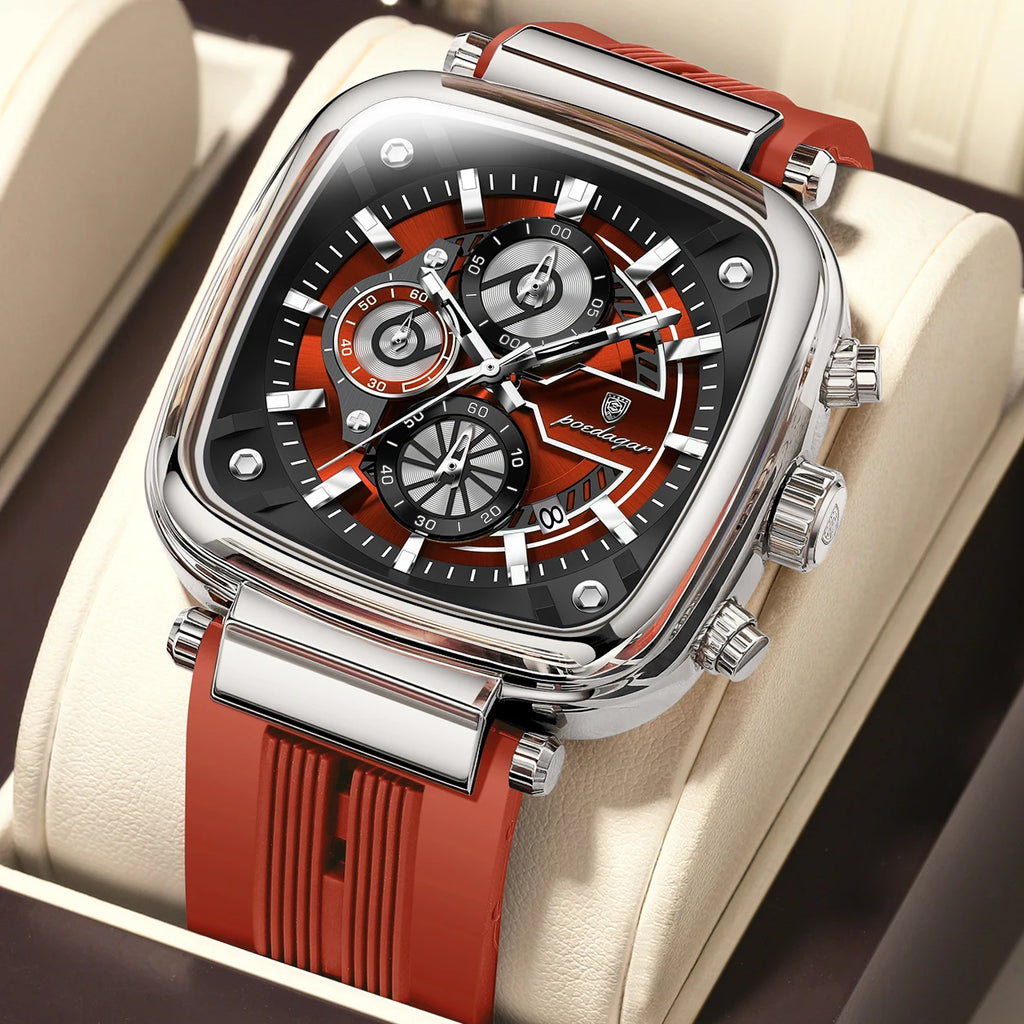 Poedagar 849 Montre Homme Luxe Black Gold Square Dial Waterproof Sport Quartz Watch Silicone Strap