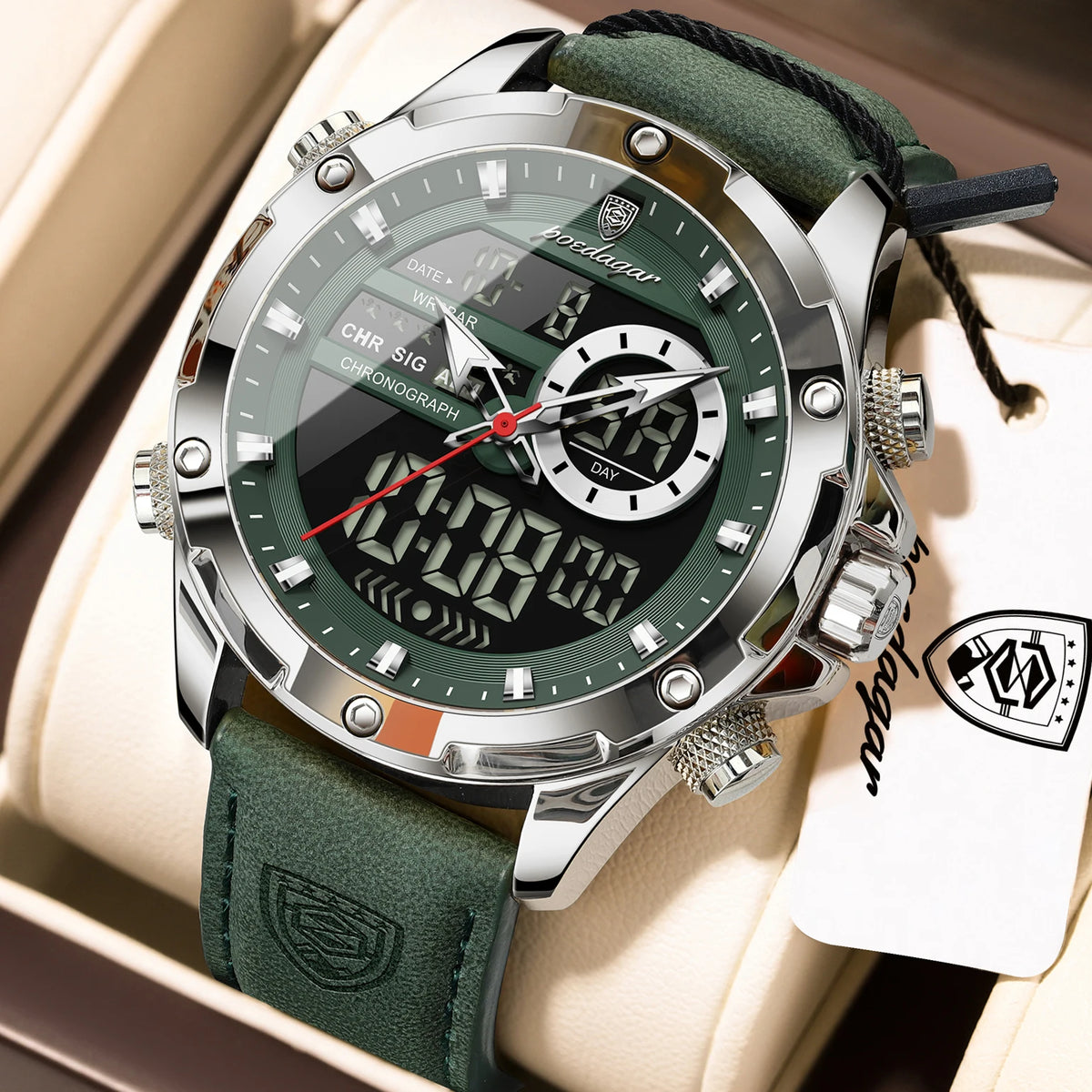 Poedagar E129 Mens Chronograph Watches Original Dual Display Quartz Watch Luxury Leather Strap Luminous Waterproof Watch for Men