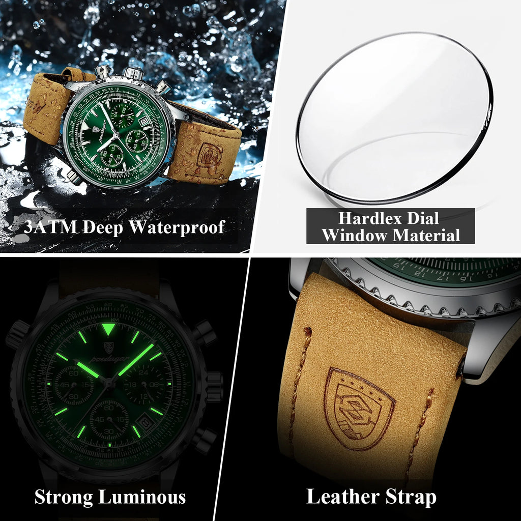 Poedagar Luxury New Design Leather Men's Quartz Watches Waterproof Luminous Chronograph Watch for Men