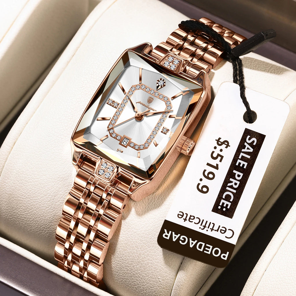 Poedagar Hot Sale Luxury Rectangle Women's Quartz Watch Waterproof Rose Gold Stainless Steel Bracelet Watch for Women