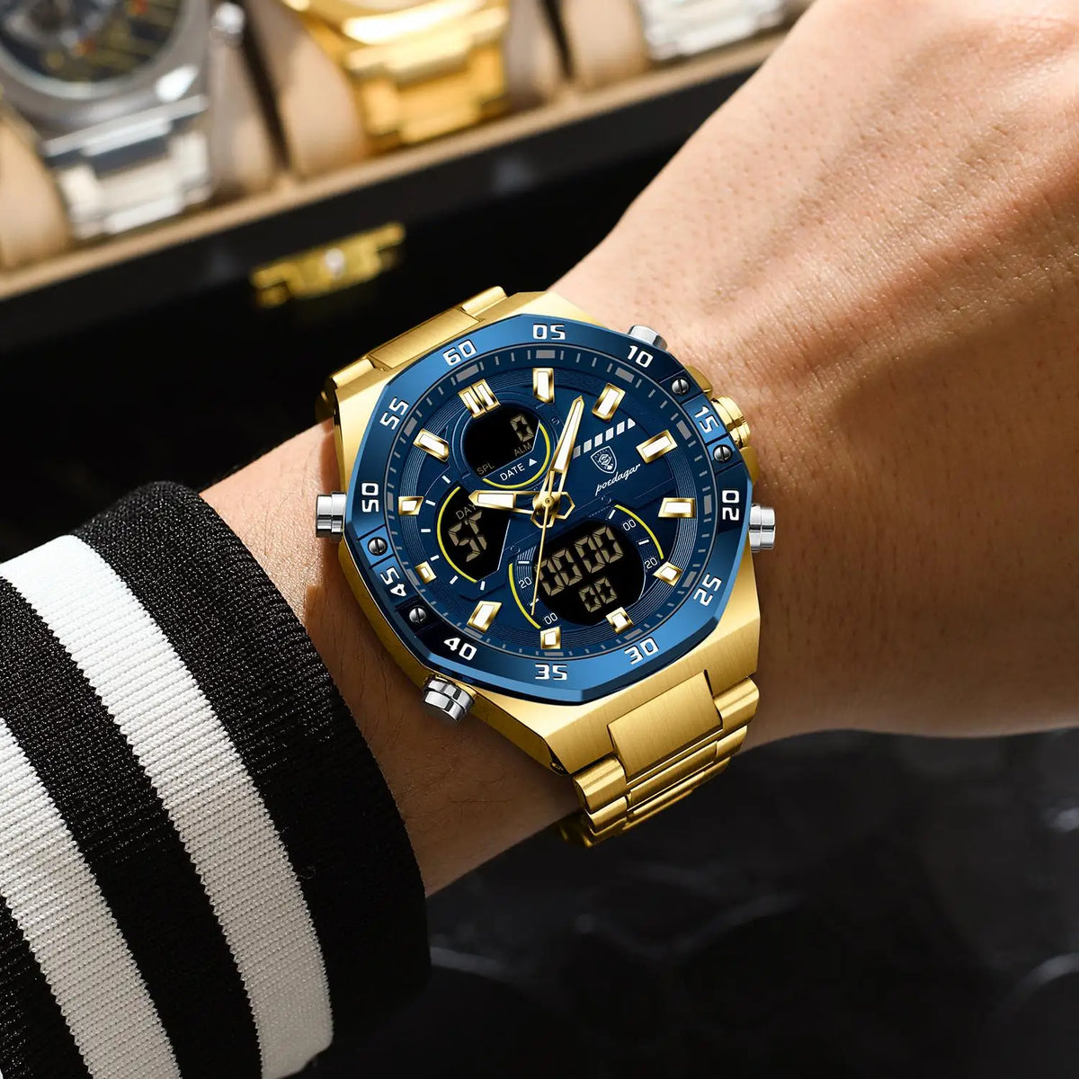 Poedagar E101 New Men Digital Watch LED Dual Time Display Waterproof Stainless Steel Electronic Quartz Men's Watches