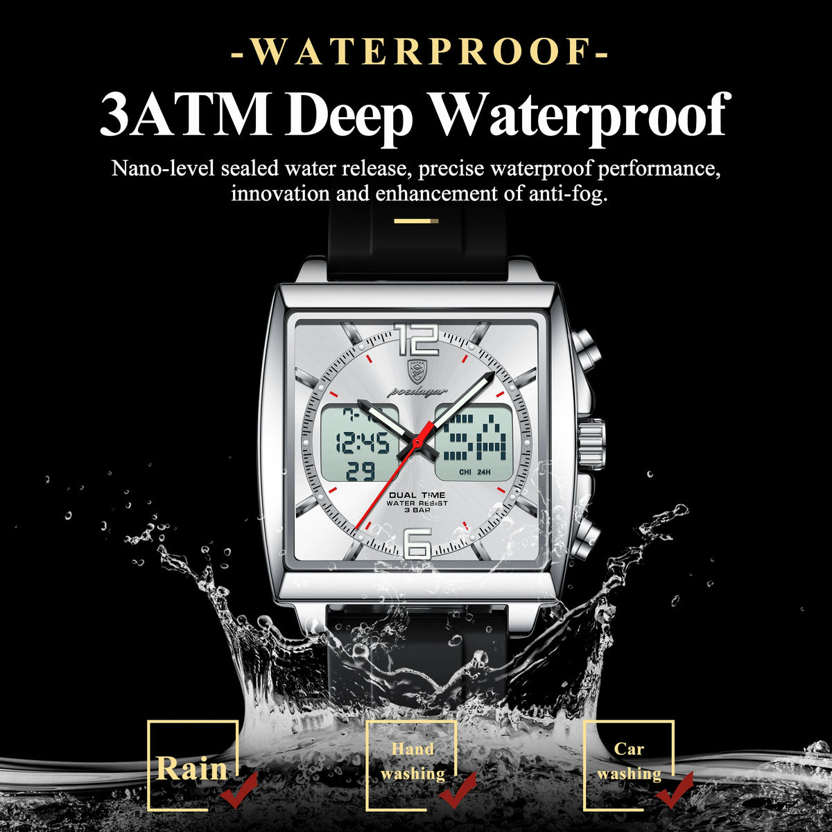 Poedagar E109 Quartz Watches Dual Display Chronograph Silicone Strap Reloj Luminous Waterproof Alarm Watch for Men Outdoor Sport