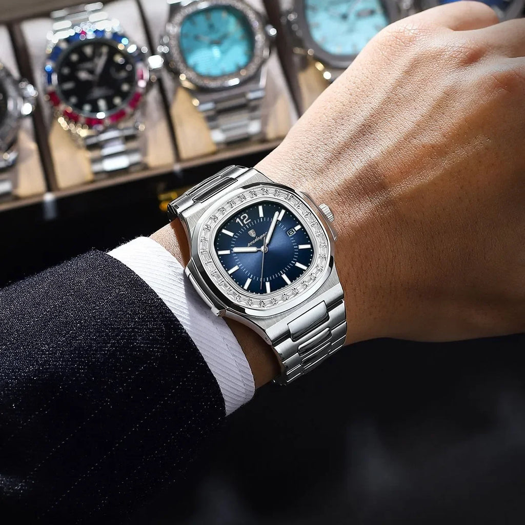 Poedagar Luxury Men Quartz Watch Fashion Square Reloj Waterproof Luminous Date Stainless Steel Watch for Men