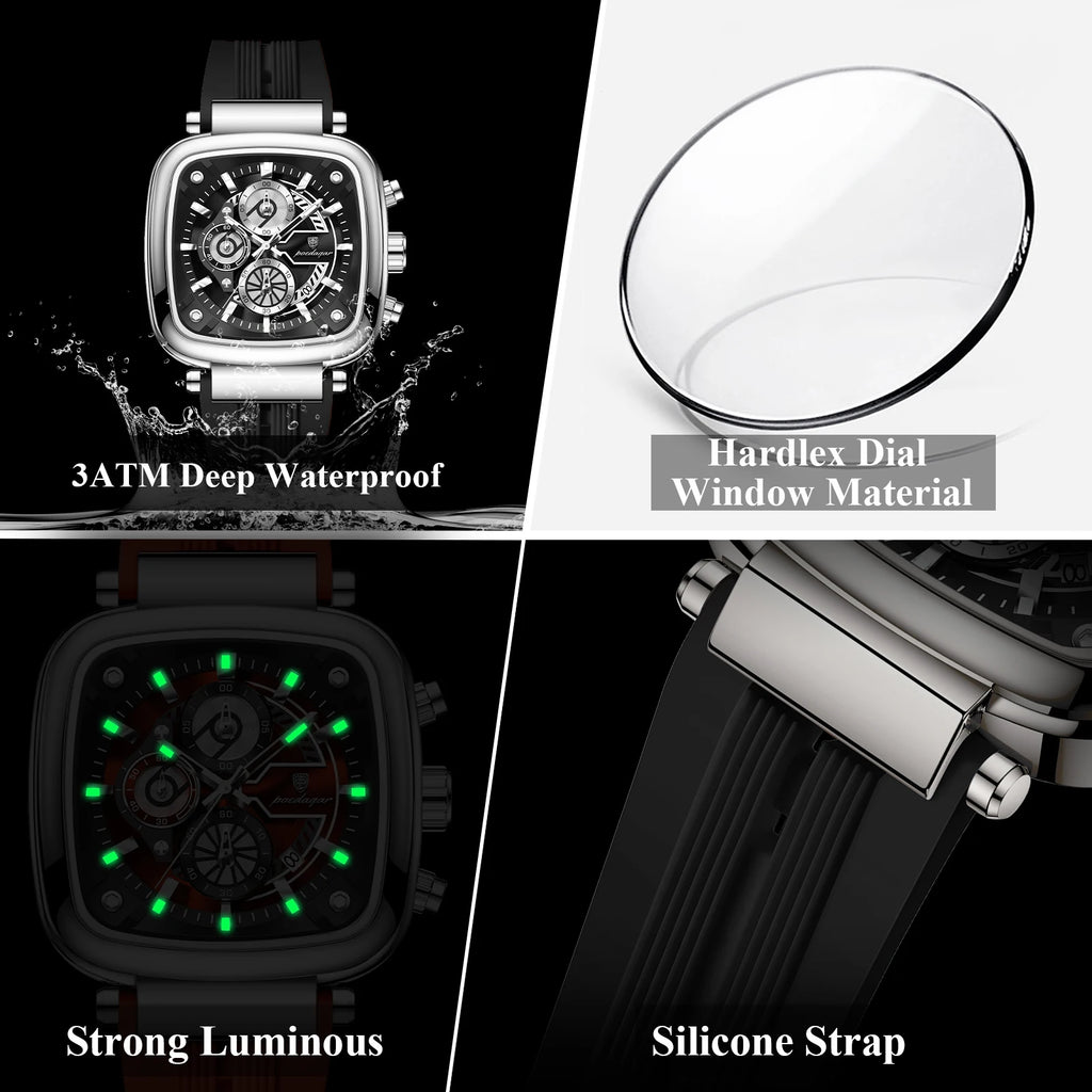 Poedagar 849 Mens Chronograph Watch 3ATM Waterproof Luminous Square Quartz Luxury Wristwatch Guangzhou Factory Direct Wholesale