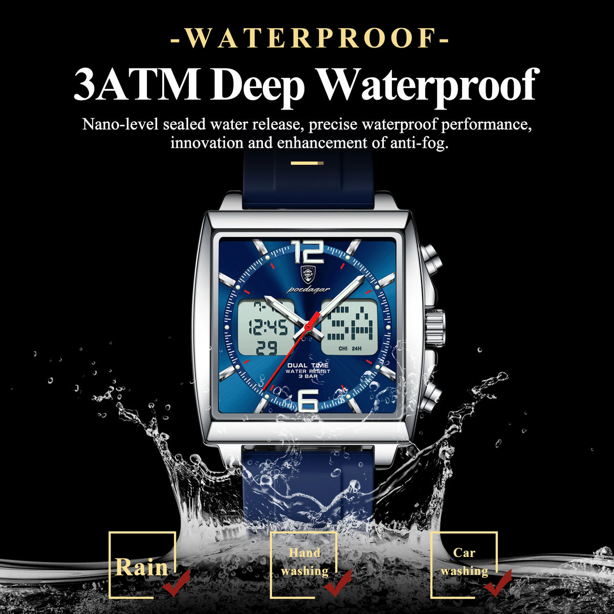 Poedagar E109 Waterproof Luminous Multifunctional Chronograph Alarm Silicone Strap Quartz Watch for Men