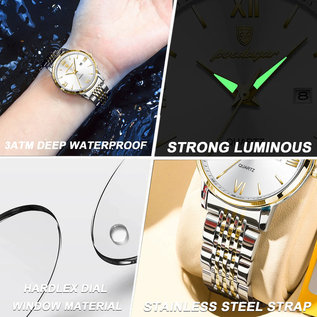 Poedagar New Luxury Waterproof Lady Watch Luminous Stainless Steel Calendar Quartz Watch for Women