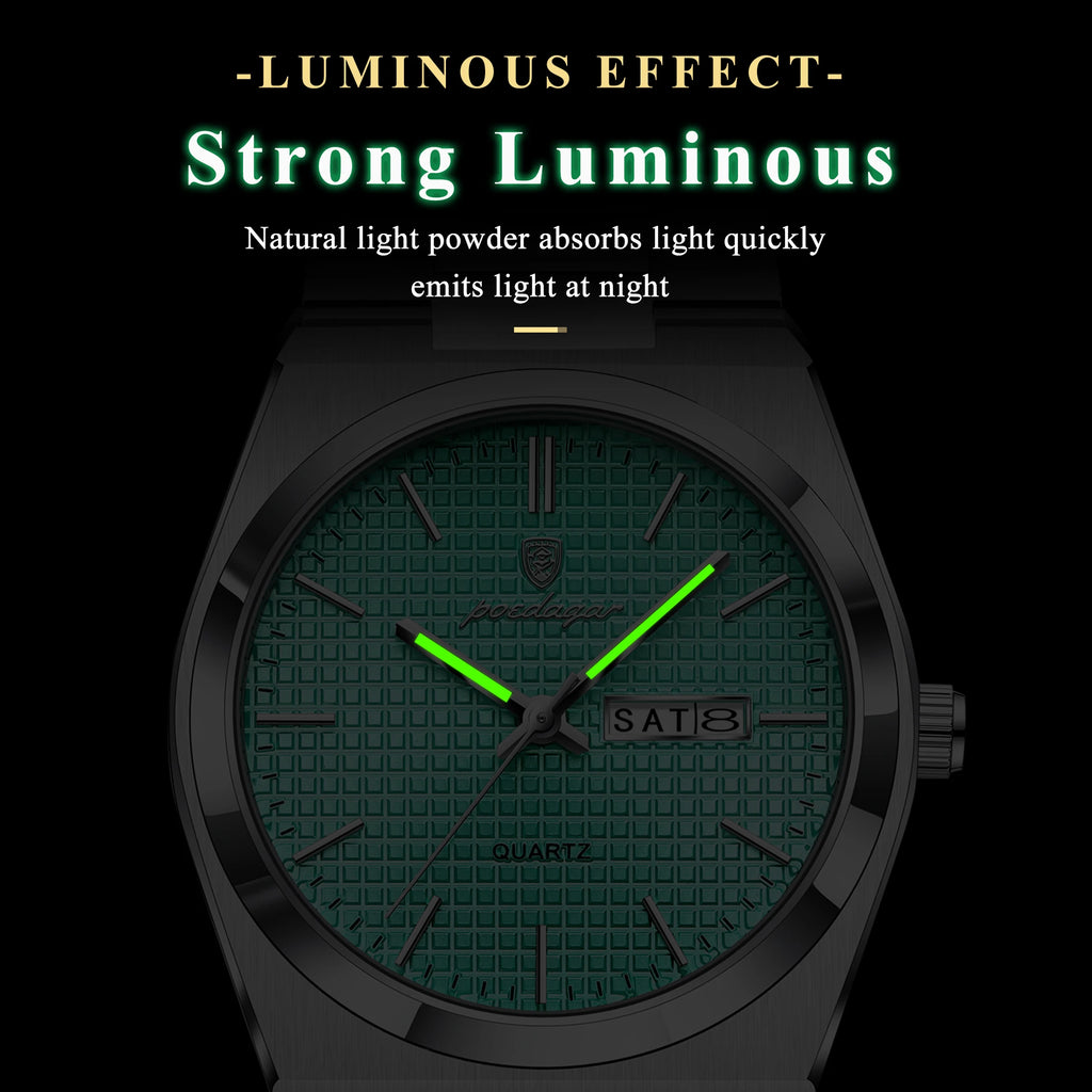 Poedagar 821 Luxury Men Watch Grid Dial Date Day Quartz Watches Stainless Steel Reloj Hombre Waterproof Luminous Watch for Men