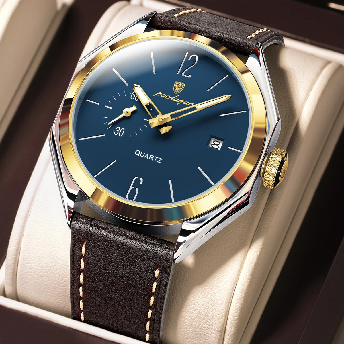 Poedagar 689 Luxury Mens Quartz Watch Geometric Dial Waterproof Leather Strap Casual Wristwatch Wholesale Relogio Masculino