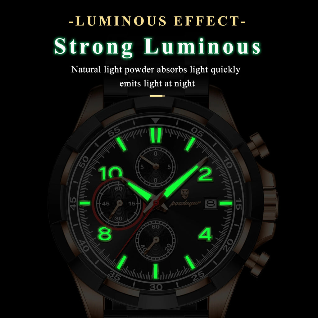 Poedagar 685 Men's Watch Chronograph Luminous Quartz Watches 47MM Dial Montre Homme Waterproof Stainless Steel Bracelet Watch