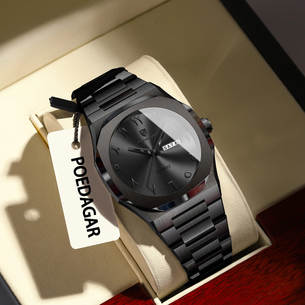 Poedagar Classic Middle Eastern Arabic Dial Quartz Men's Watch Waterproof Stainless Steel Watches for Men