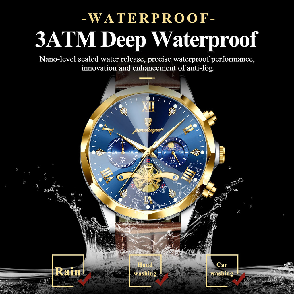 Poedagar Men's Luxury Leather Chronograph Quartz Watch Waterproof Luminous Watch for Men