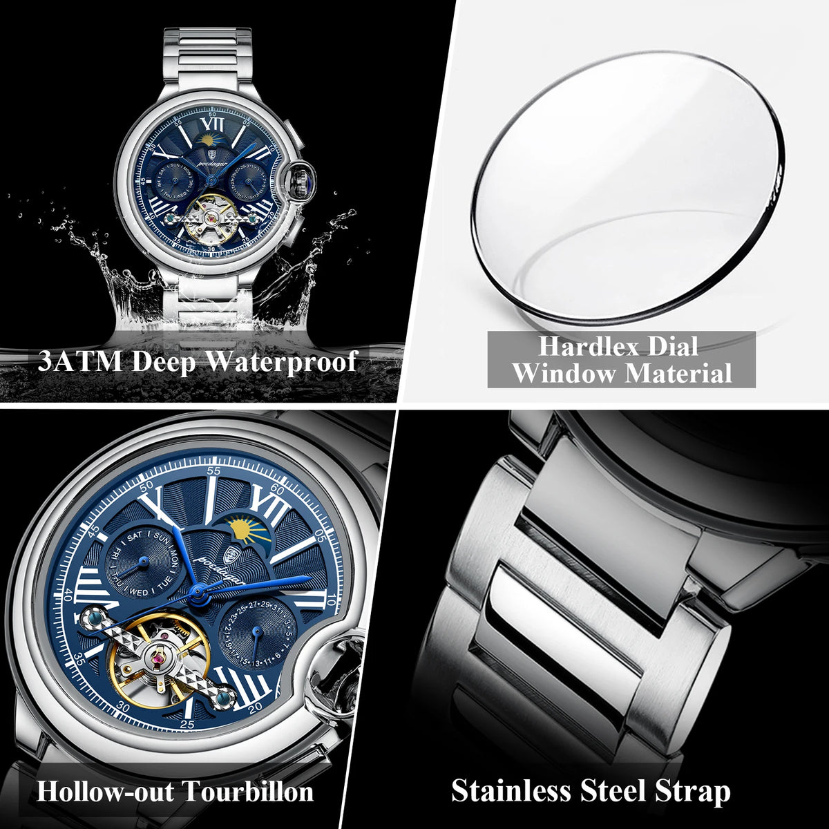 Poedagar 1413 Luxury Men's Mechanical Watch Fashion Hollow Tourbillon Montre Waterproof Stainless Steel Automatic Watch for Men
