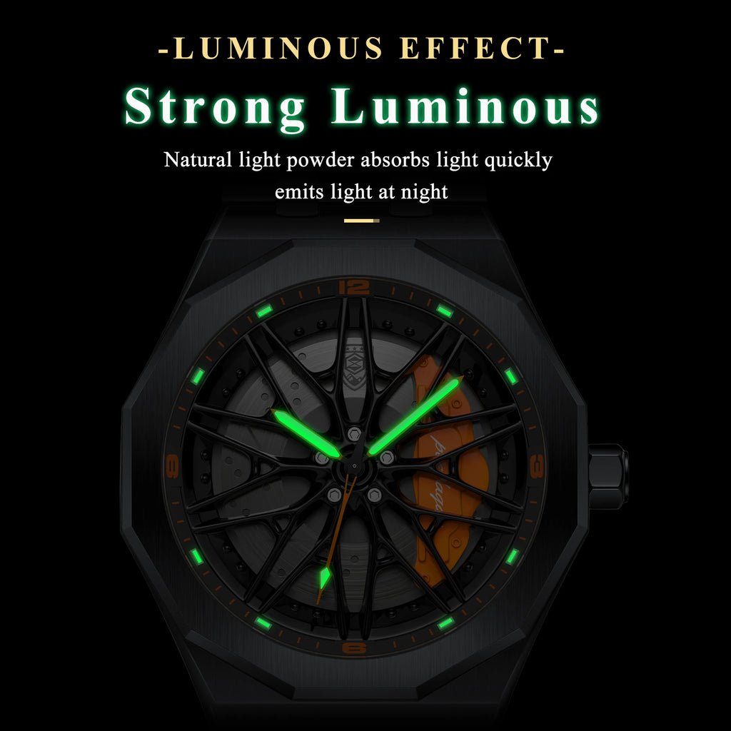 Poedagar 809 Mens Quartz Watch 3D Rotating Car Wheel Hub Stainless Steel Band Sports Wristwatch for Men Wholesale Ready to Ship
