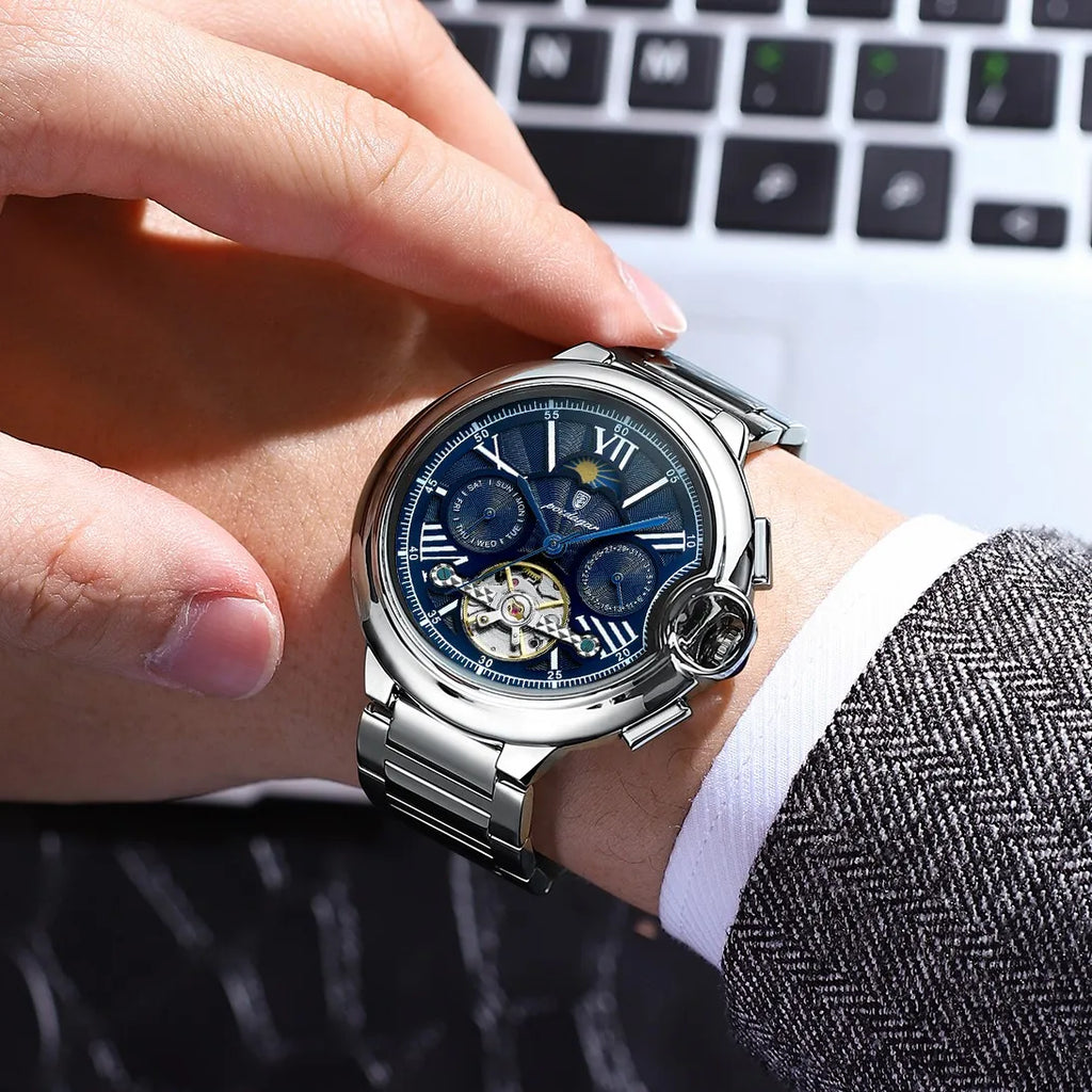 Poedagar 1413 Luxury Men's Mechanical Watch Fashion Hollow Tourbillon Montre Waterproof Stainless Steel Automatic Watch for Men