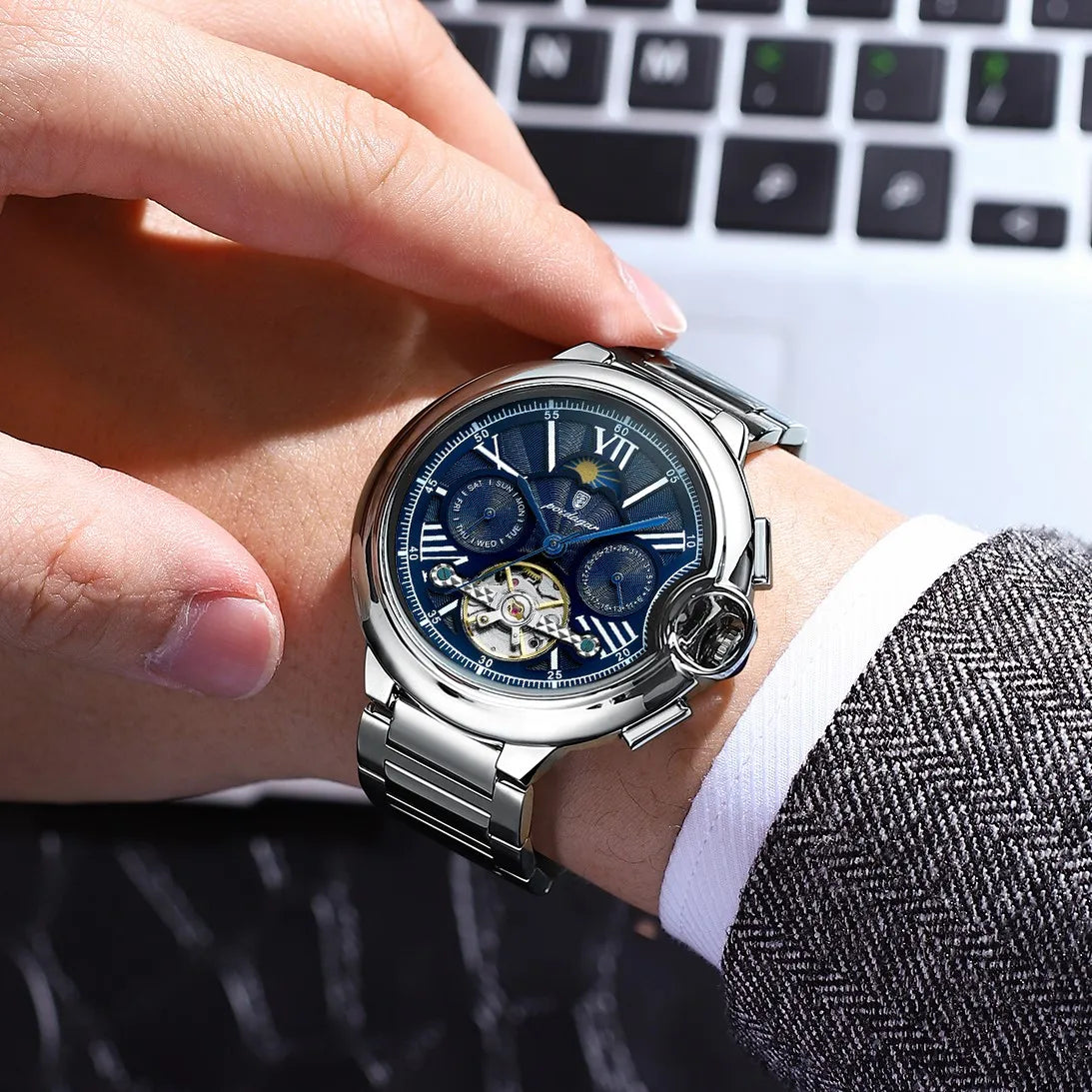 Poedagar 1413 Luxury Men's Mechanical Watch Fashion Hollow Tourbillon Montre Waterproof Stainless Steel Automatic Watch for Men