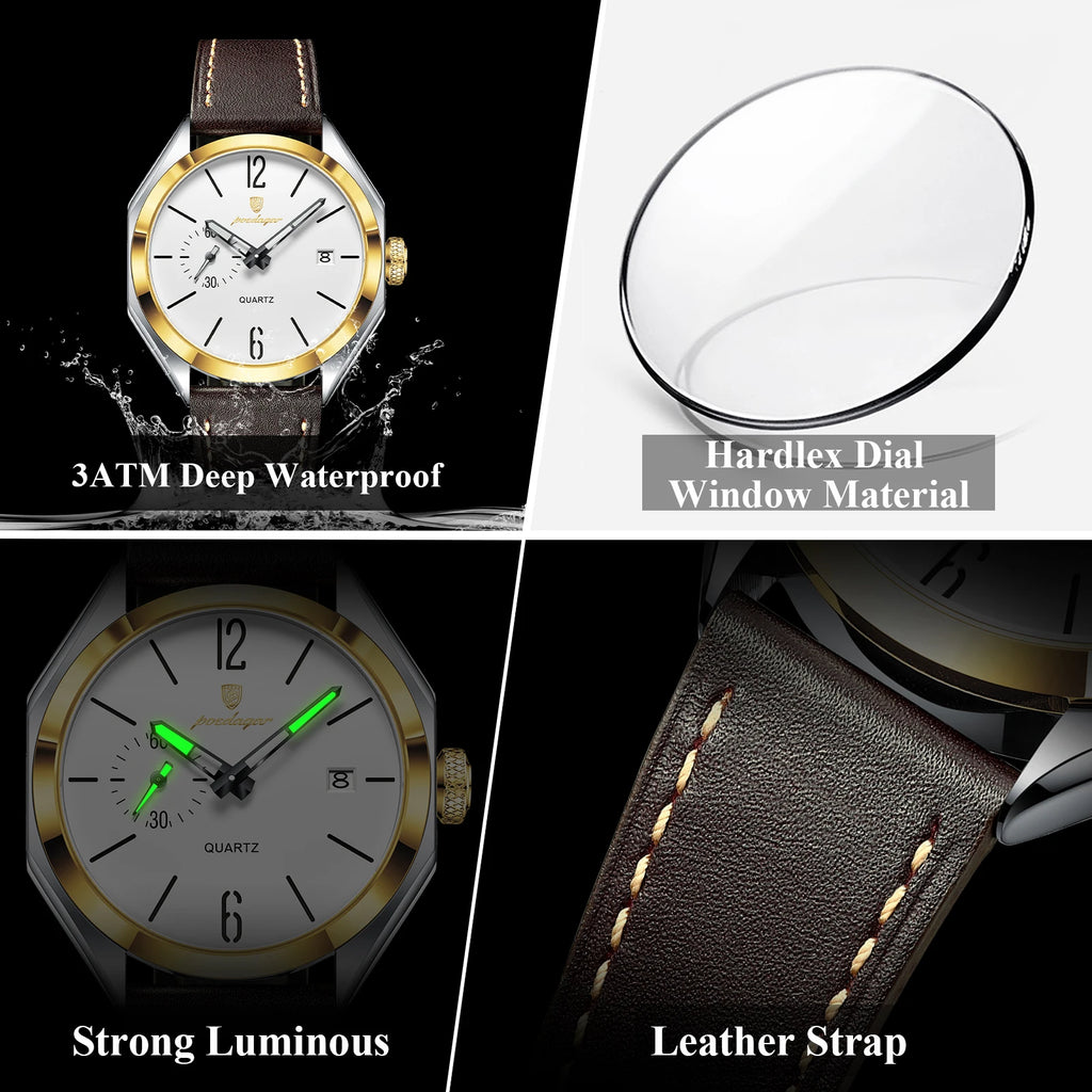 Poedagar 689 Luxury Casual Mens Quartz Watch Geometric Dial Waterproof Leather Strap Fashion Wristwatch Wholesale Factory Direct
