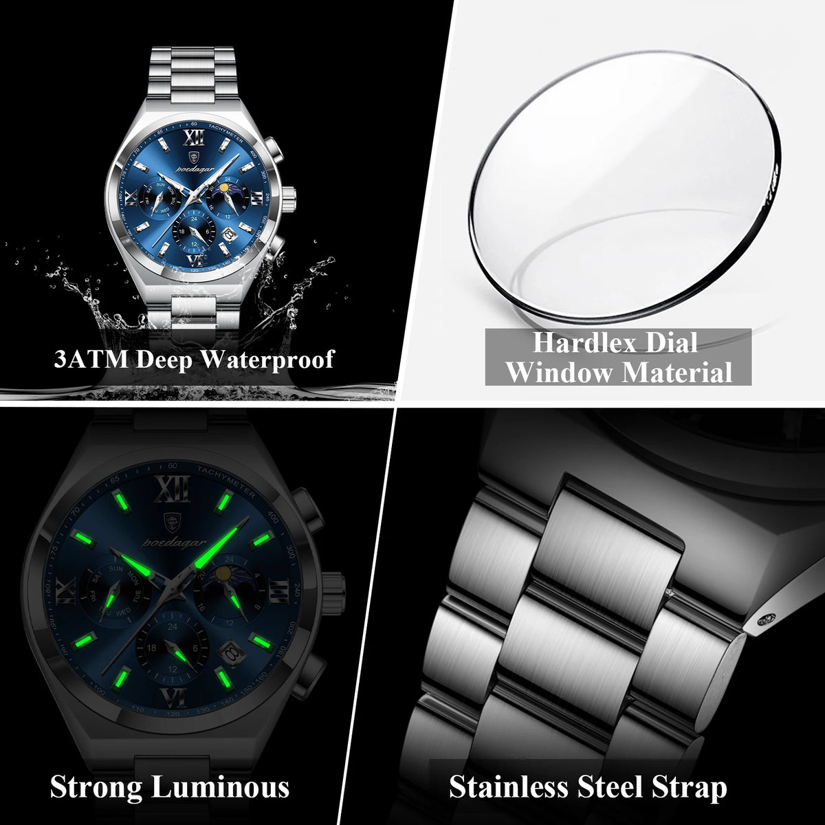 Poedagar 688 Luxury Men's Quartz Watch Waterproof Luminous Wristwatch Multi-Functional Chronograph Stainless Steel Watch for Men