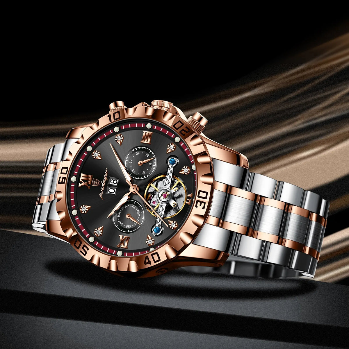 Poedagar 1418 Men's Mechanical Watch Luxury Business Luminous Waterproof Date Wristwatch Hollow Stainless Steel Automatic Watch