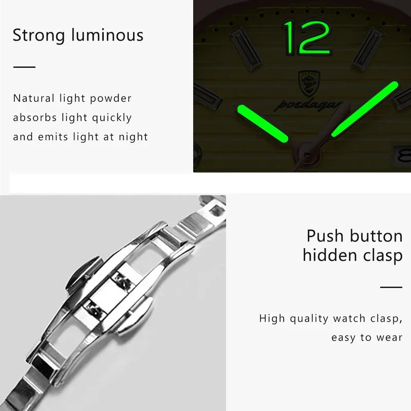Poedagar Factory Wholesale Montre Female Square Stainless Steel Ladies Quartz Watches Waterproof Luminous Date Watch for Women