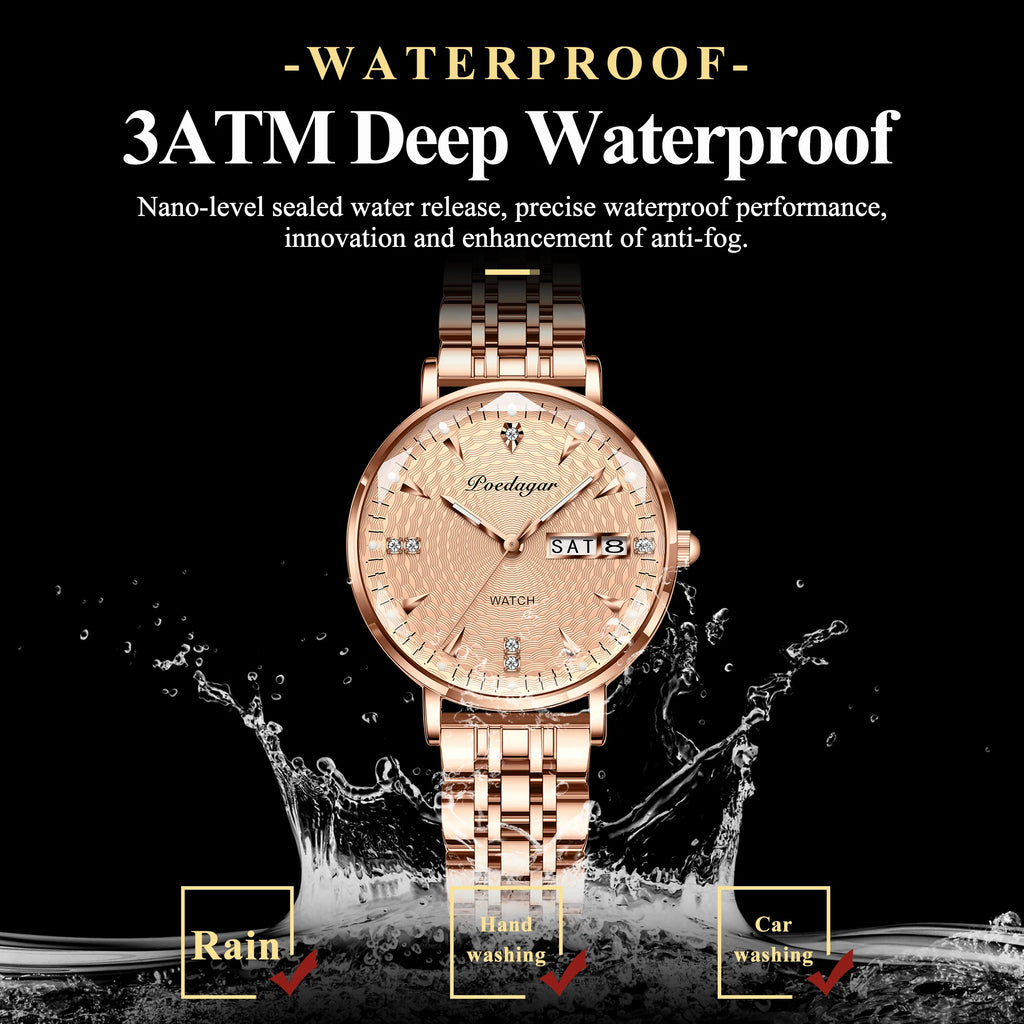 Poedagar 312 Luxury Ladies Watch & Bracelet Gift Set Stainless Steel Date Week Quartz Watches Waterproof Luminous Watch for Girl