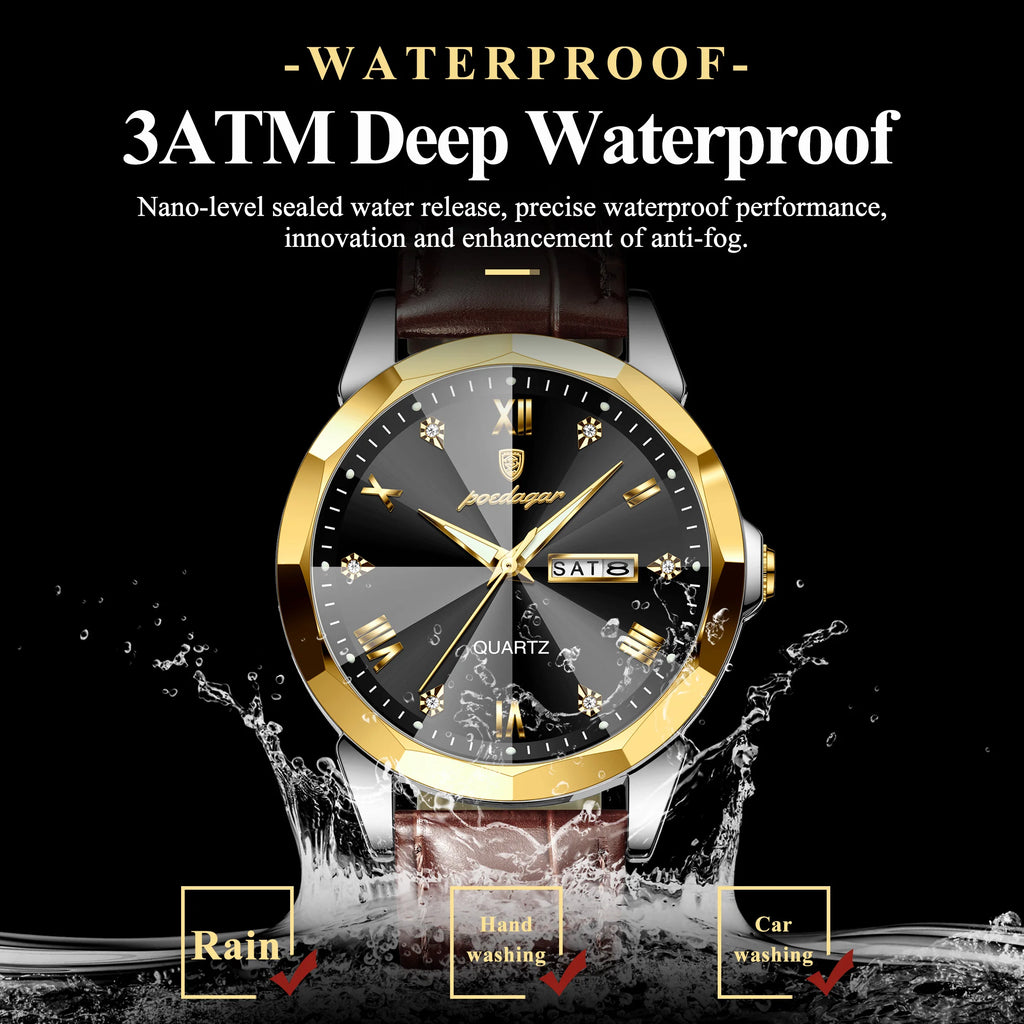 Poedagar 810 Men's Watch Luxury Leather Strap Quartz Watches Date Week Moissanite Watch Waterproof Luminous Casual Watch for Men