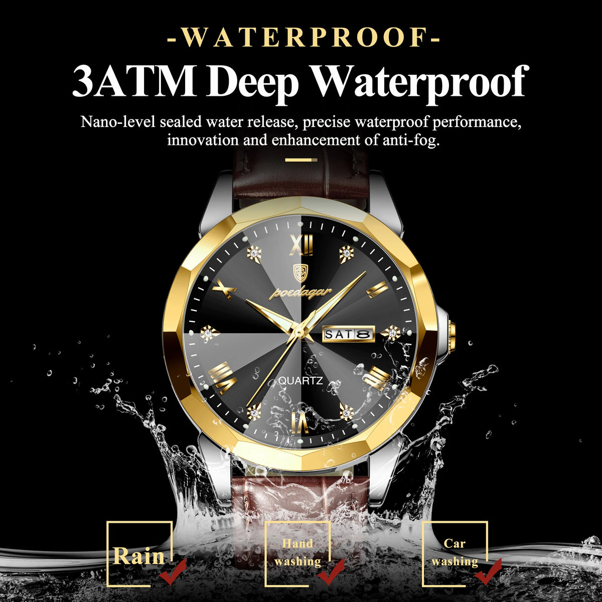 Poedagar 810 Men's Watch Luxury Leather Strap Quartz Watches Date Week Moissanite Watch Waterproof Luminous Casual Watch for Men