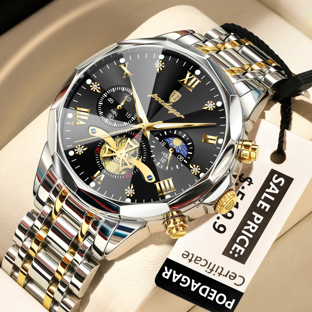 Poedagar 938 Men's Luxury Stainless Steel Chronograph Quartz Watch Waterproof Luminous with 42mm Alloy Dial Watch for Men