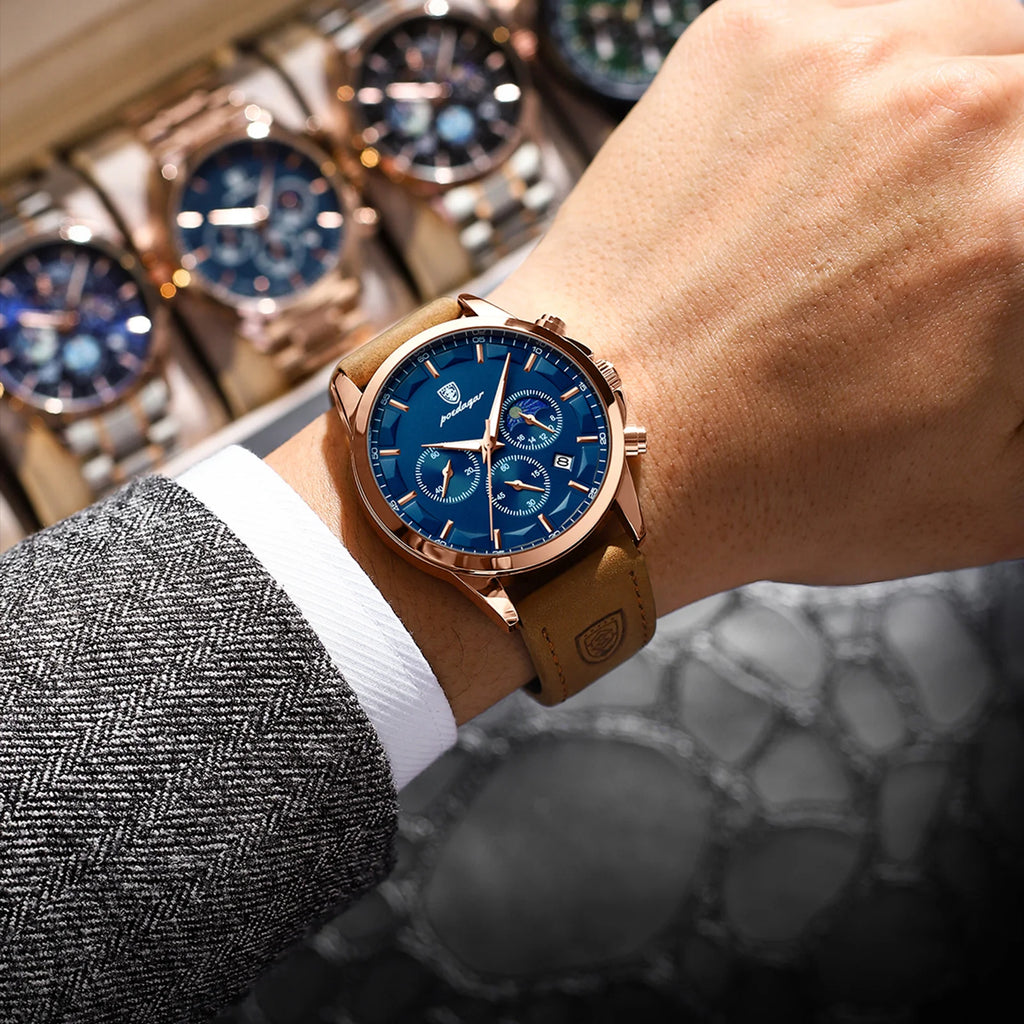 Poedagar 628 Mens Quartz Watch Chronograph Blue Dial Leather Strap Montre Waterproof Luminous Calendar Wrist Watch Sport Watches