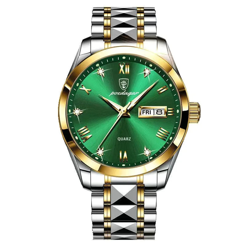 Poedagar Hot Sale Green Dial Men Watch Fashion Stainless Steel Luxury Quartz Watches Luminous Waterproof Watch for Men