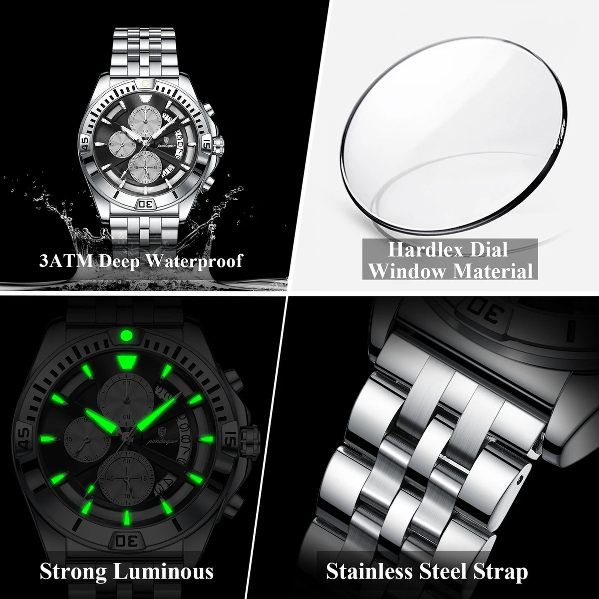 Poedagar 695 Men Luxury Quartz Watches Stainless Steel Hollow Dial Daily Wear Casual Luminous Chronograph Montre Homme