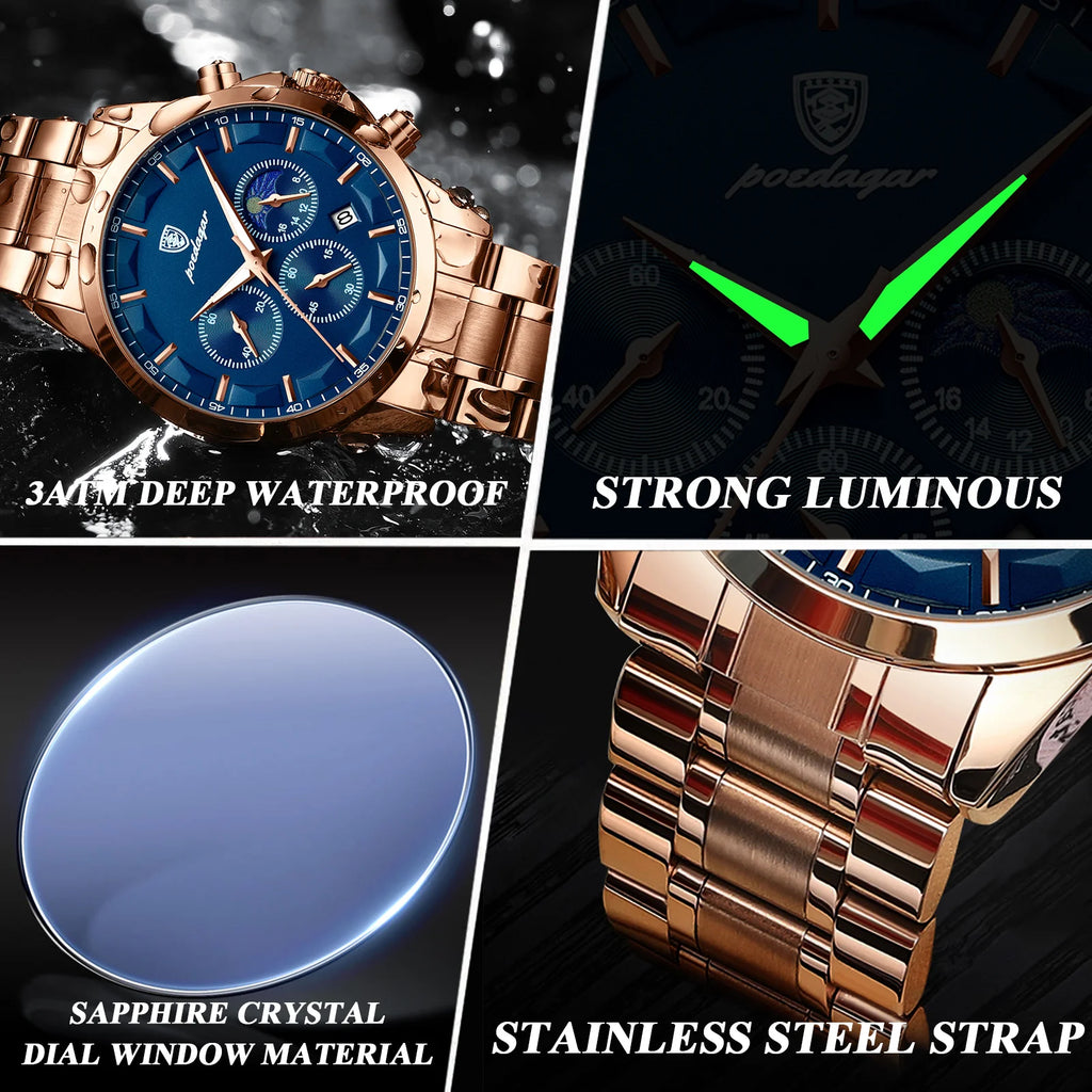 Poedagar Casual Sport Chronograph Watch for Men Luxury Stainless Stain Ultra-thin Men Watch WristWaterproof Quartz Watch