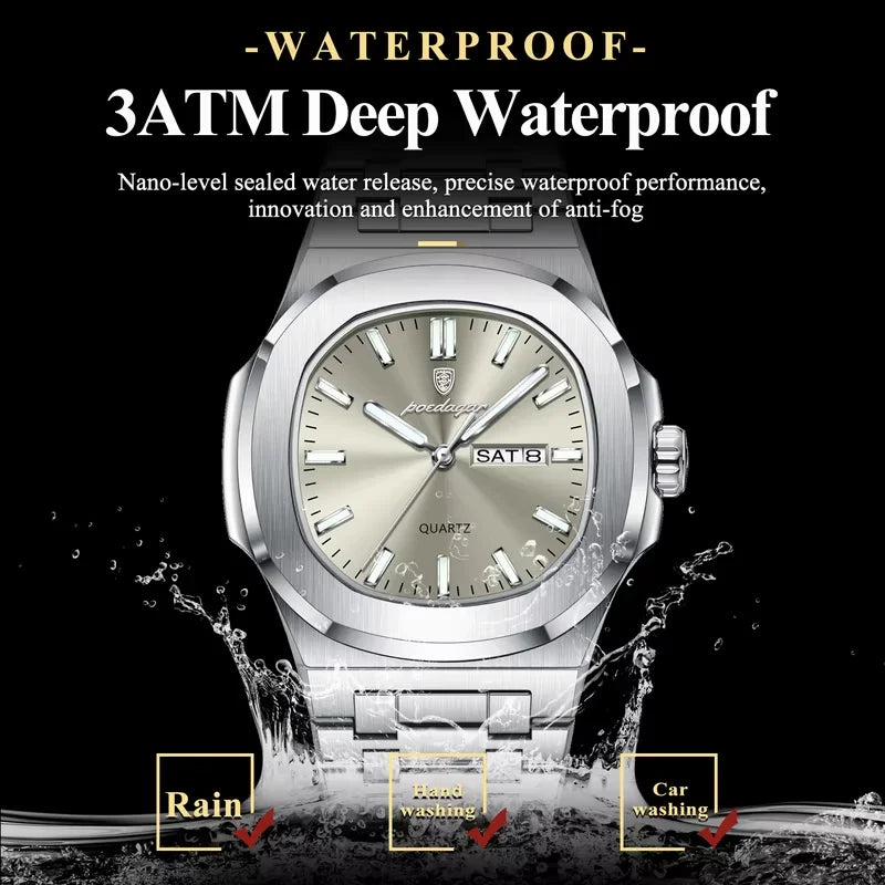 Poedagar New Arrivals Square Quartz Watches Waterproof Luminous Mens Watch Luxury Stainless Steel Watch for Men