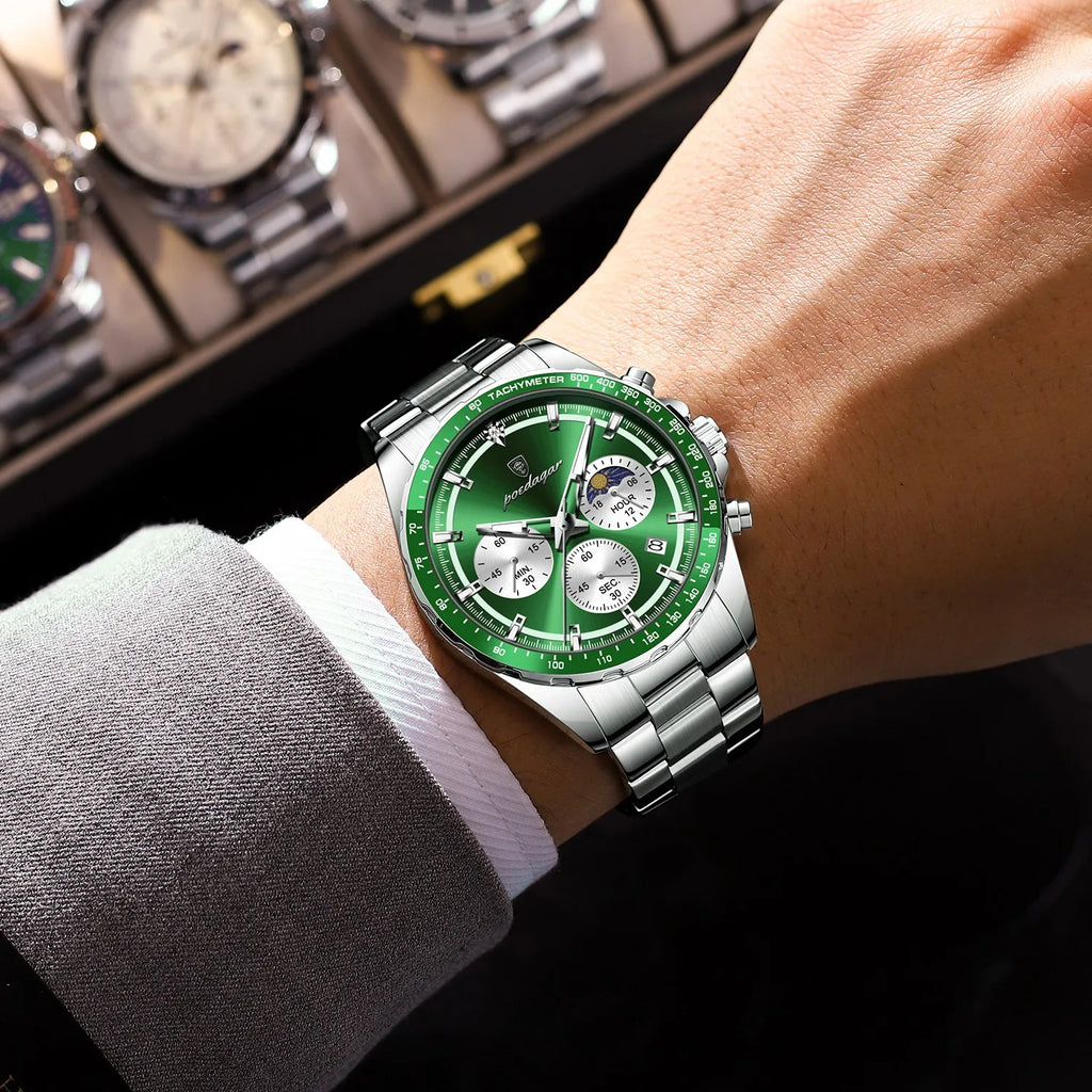 Watch for Men Luxury Poedagar 879 Original Chronograph Quartz Watches Date Waterproof Montre Luminous Stainless Steel Mens Watch