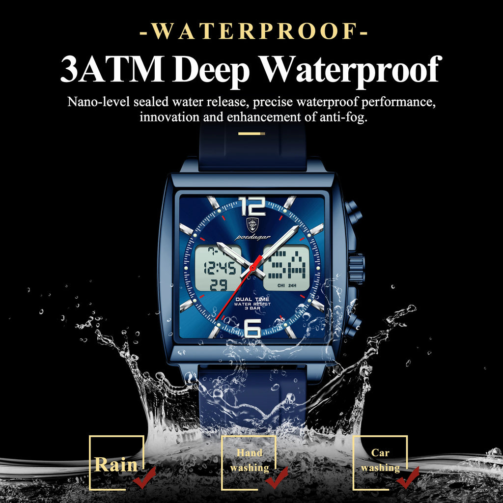 Watch for Men Luxury Poedagar E109 Dual Display Chronograph Quartz Watches Silicone Strap Montre Luminous Waterproof Men's Watch