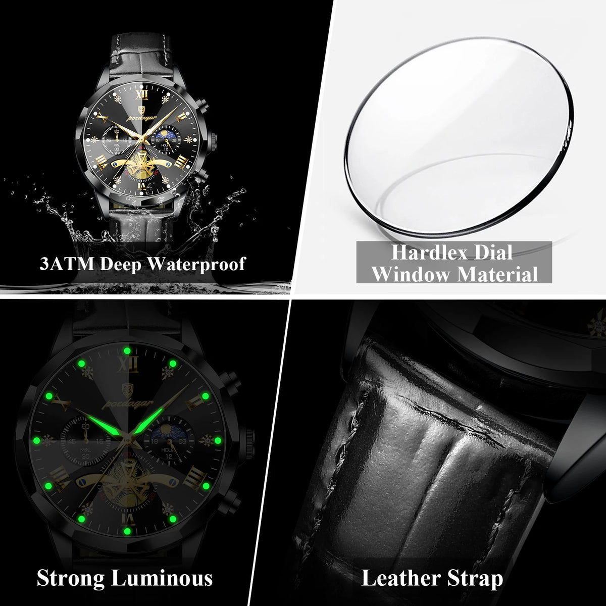 Poedagar 938 Luxury Mens Quartz Watch Luminous Waterproof Men's Watches Leather Strap Orologio Chronograph Watch for Men Gift
