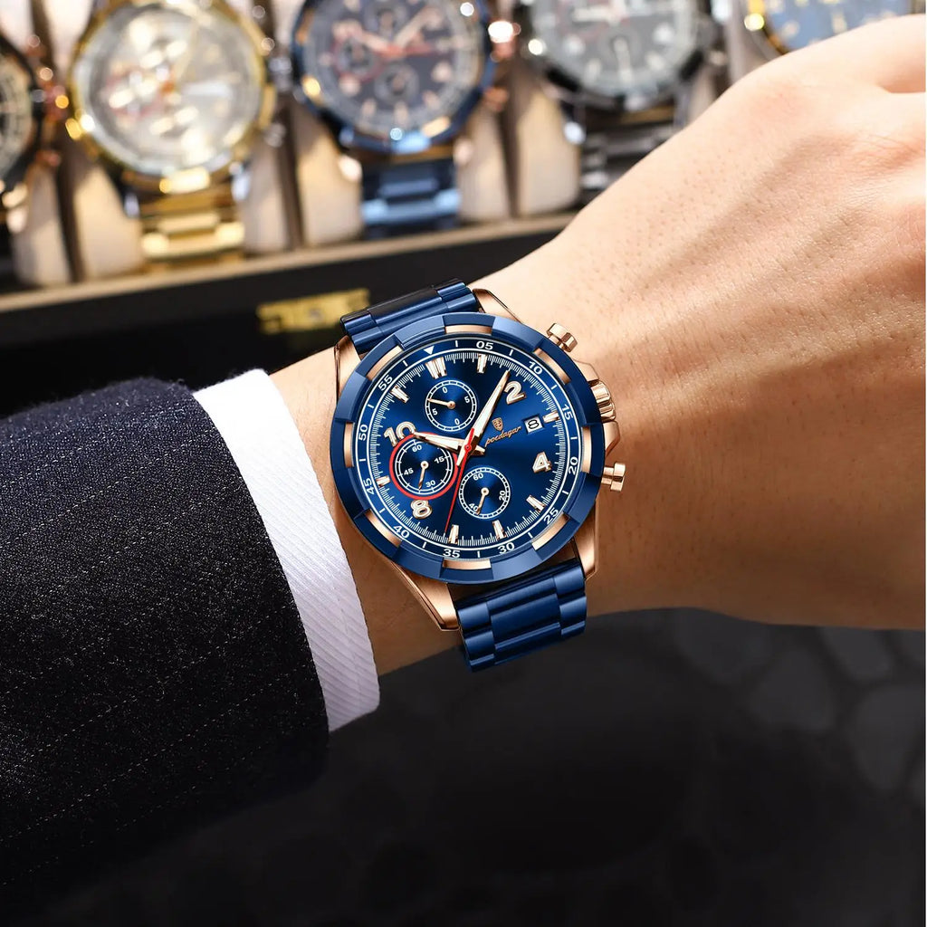 For Poedagar New Fashion Men's Quartz Watch 47MM Dial Waterproof Multi-Functional Chronograph Stainless Steel 22mm Business