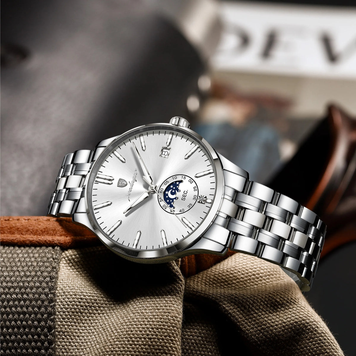 Poedagar 854 Mens Watch Luxury Stainless Steel Moon Phase Wristwatch Montre Homme Calendar Waterproof Business Watch for Men