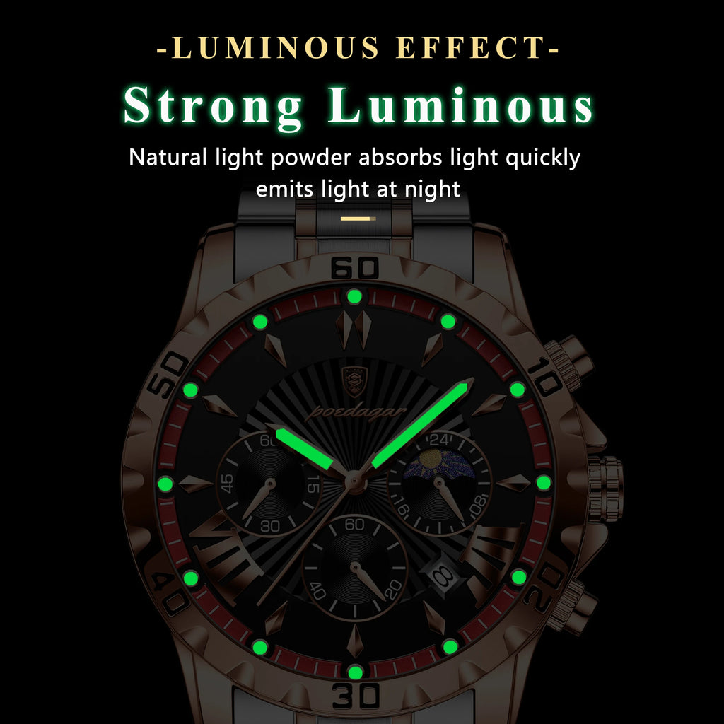 Poedagar 968 Men Wristwatch Waterproof Luminous Chronograph Quartz Watches Stainless Steel Watch for Men
