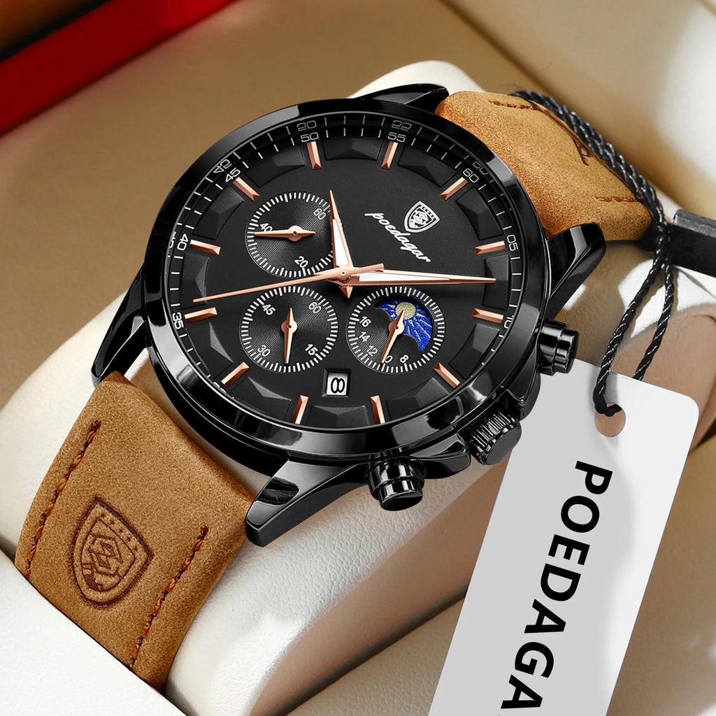 Poedagar 928 Luxury Men Wrist Watch Sports Leather Montre Quartz Watch Waterproof Luminous Calendar Chronograph Watches for Men