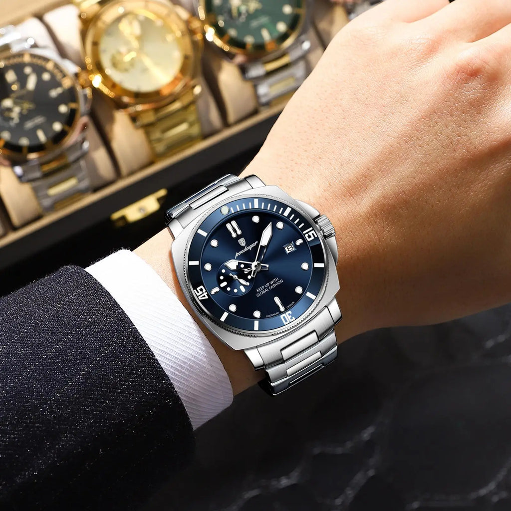 Poedagar 873 Luxury Mens Watch Waterproof Luminous Date Quartz Watch Stainless Steel Bracelet Watch for Men