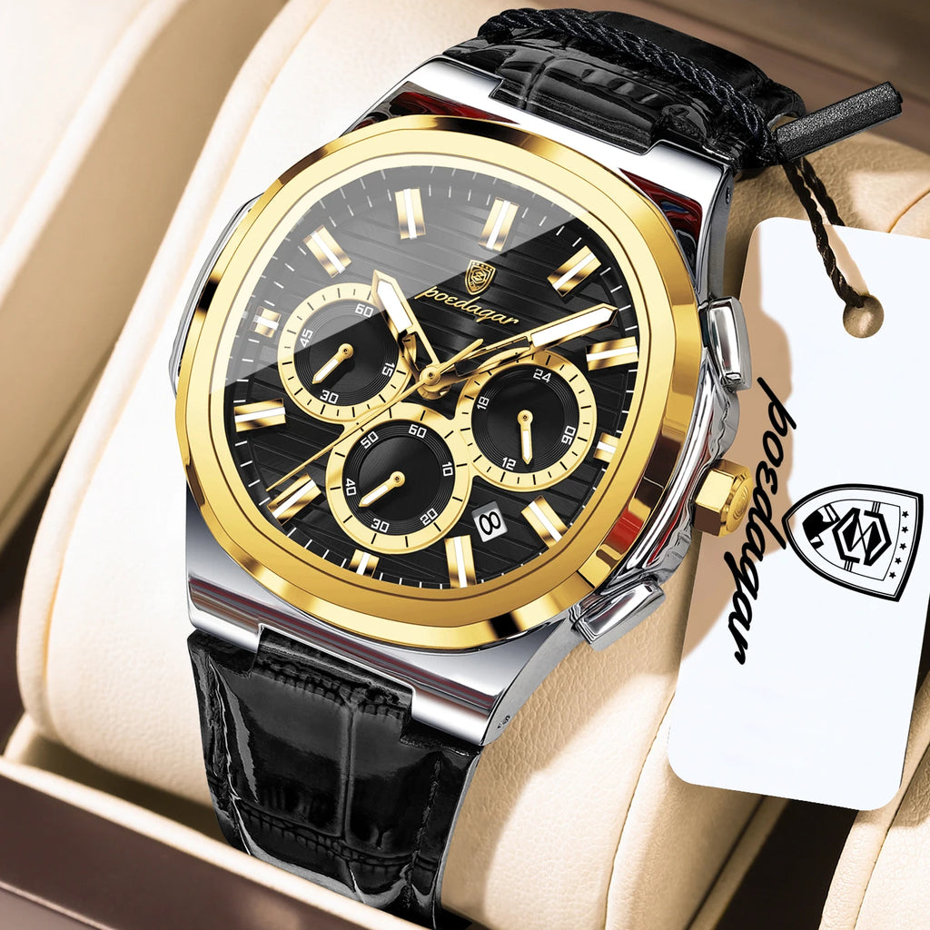 Poedagar 834 Two-Tone Gold Men's Quartz Watch Waterproof Luminous Leather Strap Chronograph Relogio Masculino Wholesale