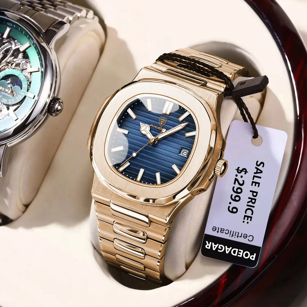 Poedagar Top Brand Luxury Fashion Rose Gold Square Men Quartz Watch Waterproof Luminous Date Stainless Steel Watch for Men