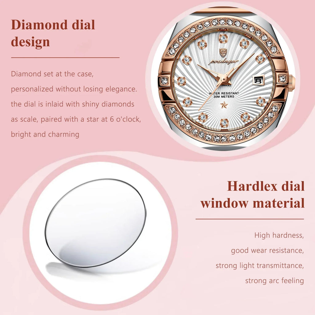 Poedagar Hot Luxury Women Rose Gold Watch Fashion Luminous Waterproof Quartz Watches Diamond Wristwatch Elegant Female Watches