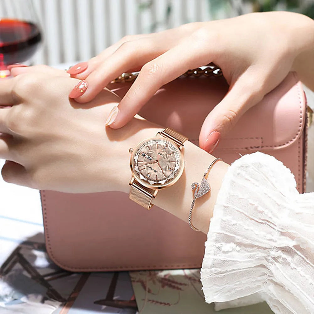 Poedagar Diamond Ladies Watches Stainless Steel Mesh Luxury Watch Bands Waterproof Calendar Quartz Watches for Women