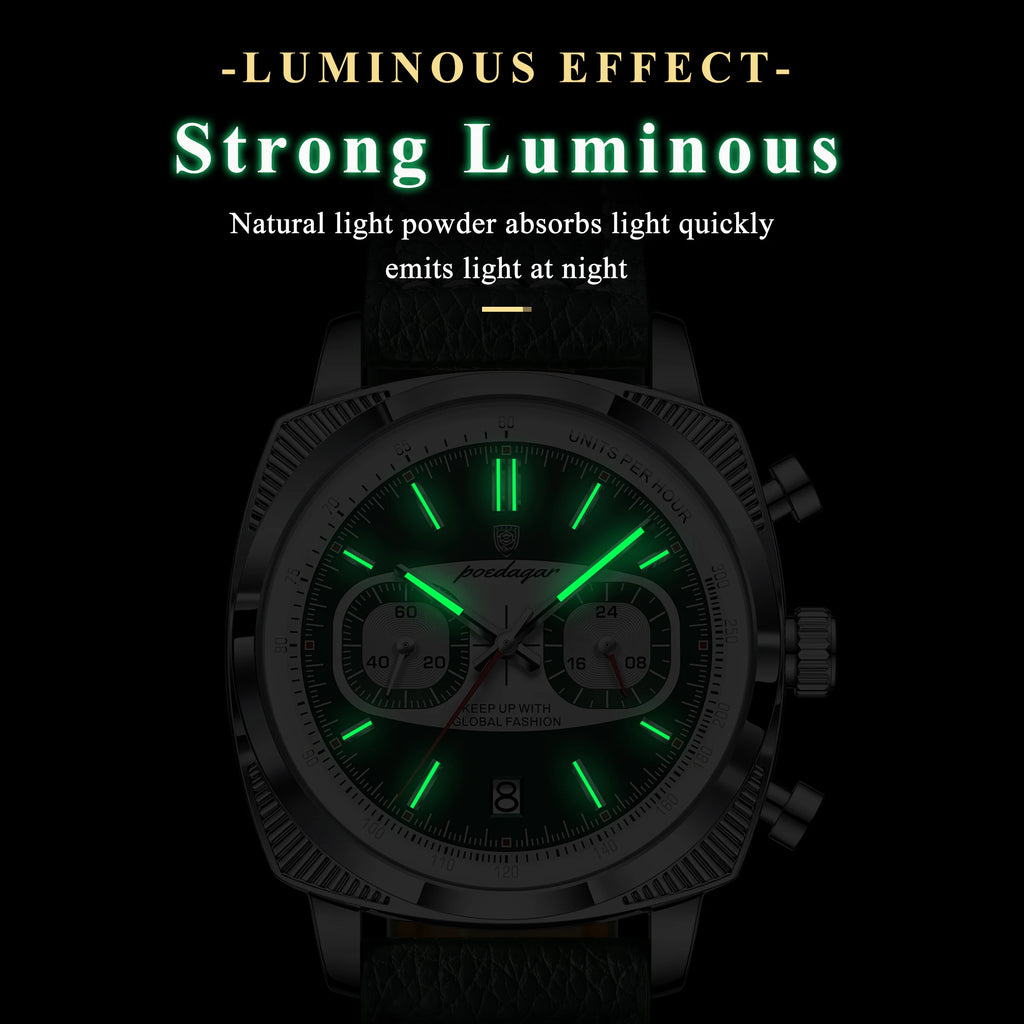 Poedagar 838 Luxury Leather Strap Square Multifunctional Chronograph Luminous Waterproof Quartz Watch for Men