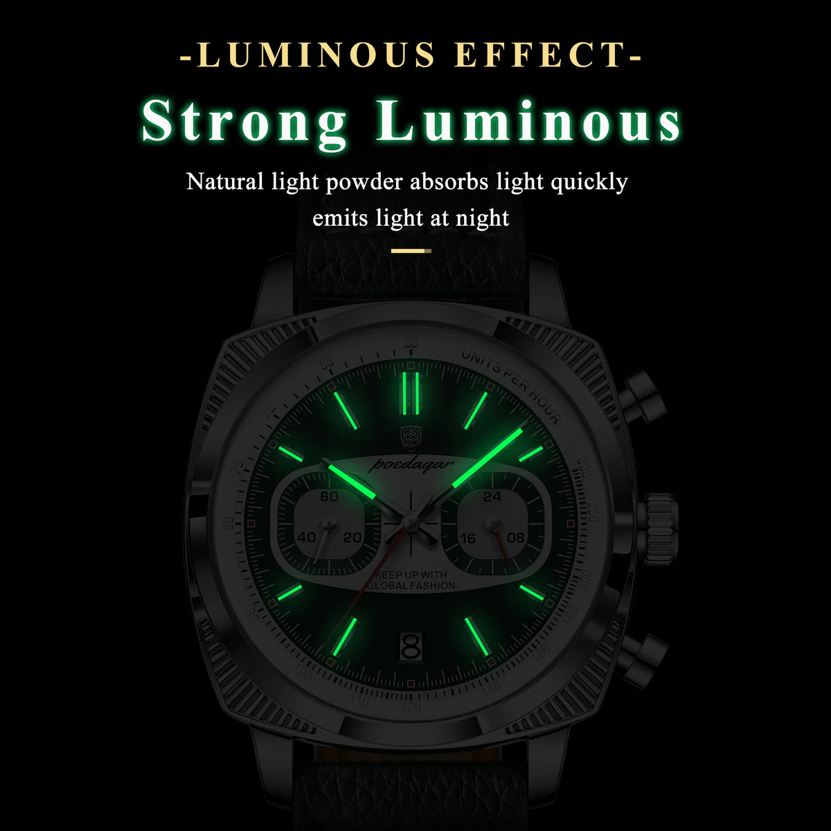 Poedagar 838 Luxury Leather Strap Square Multifunctional Chronograph Luminous Waterproof Quartz Watch for Men