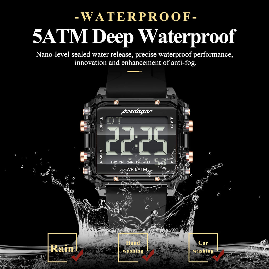 Poedagar E123 Trendy Mens Watch Original Digital LED Display 50M Waterproof Multifunction Electronic Sports WristWatch Reloj