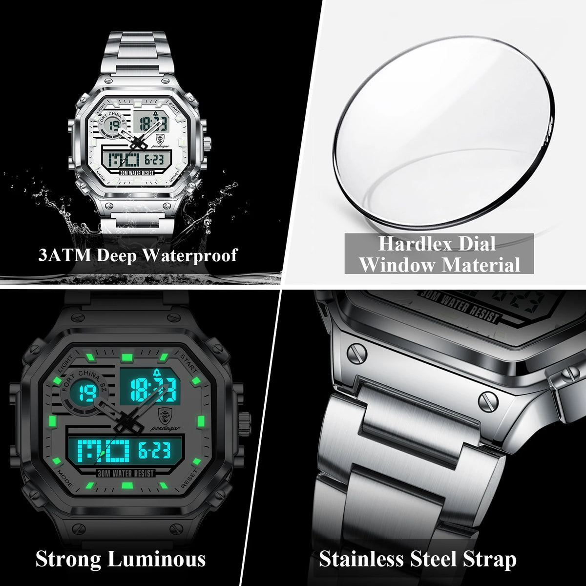 Poedagar 993 Men's Multi-function Watch Dual Display Analog-Digital Quartz Watches LED Night Light Waterproof Watch for Men