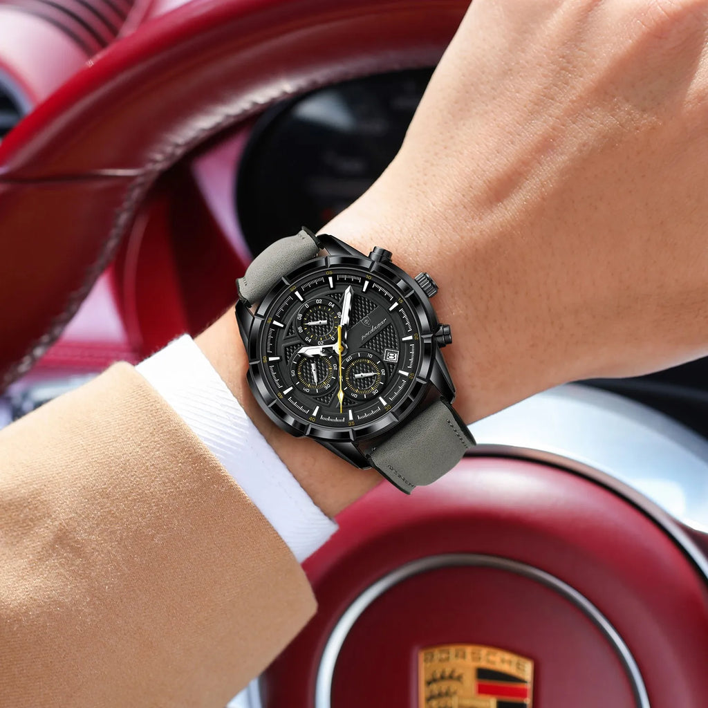 Poedagar 692 Luxury Mens Quartz Watch Sports Luminous Chronograph Montre Homme Genuine Leather Strap Waterproof Watch for Men