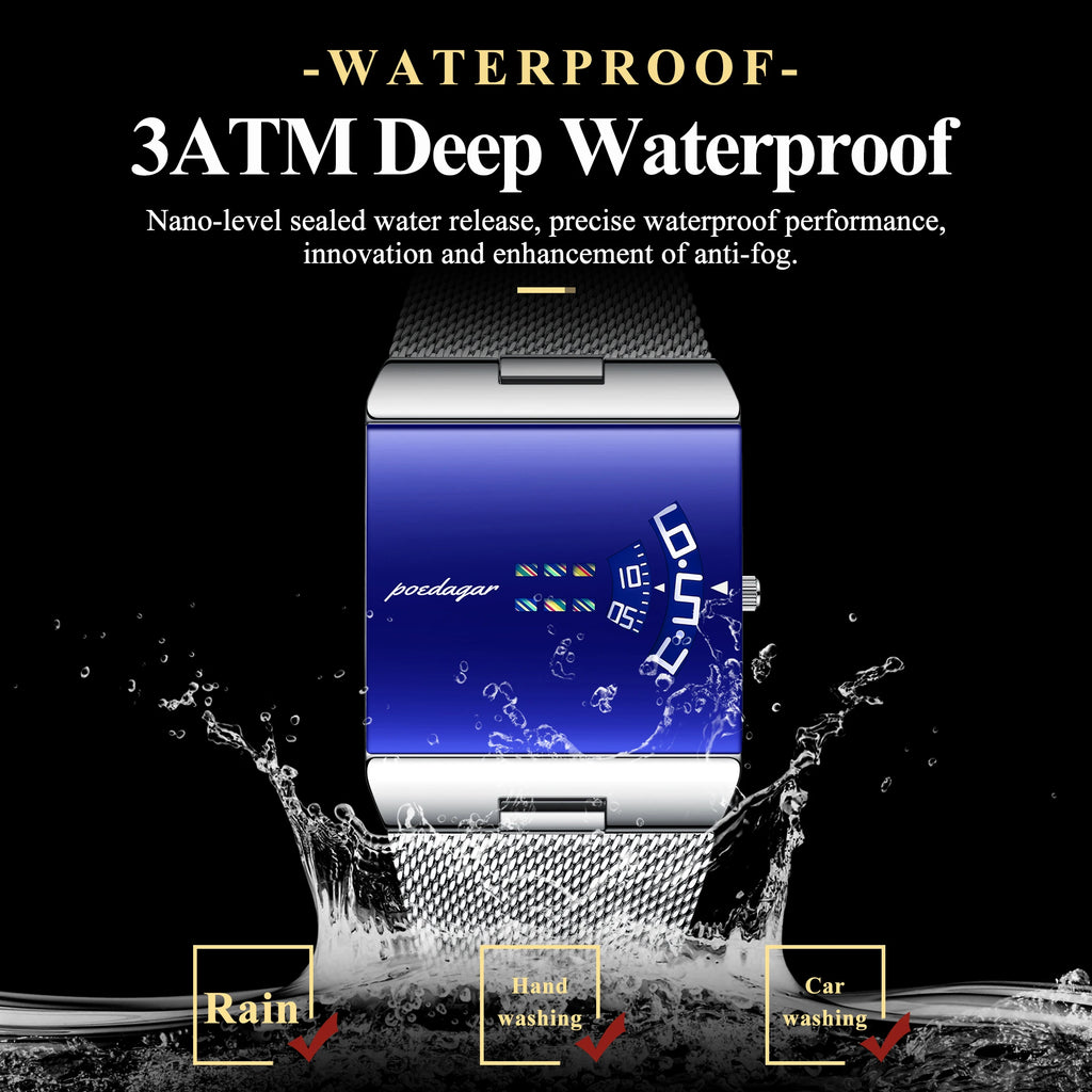 Poedagar 857 Luxury Men's Watch Square Stainless Steel Mesh Strap Quartz Watch Montre Homme Waterproof Wristwatch for Men
